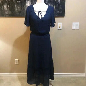 Luxology Blue Maxi Dress w/Short Bell Sleeves Gauzy material Tie Front Maxi-M